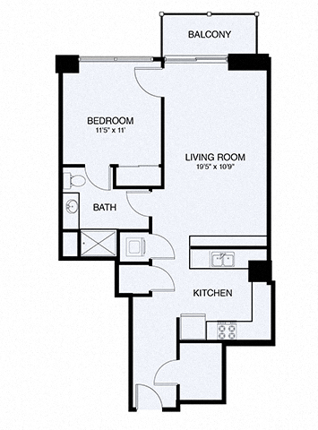 Floor plan for 1 bed, 1 bath, 785 sqft