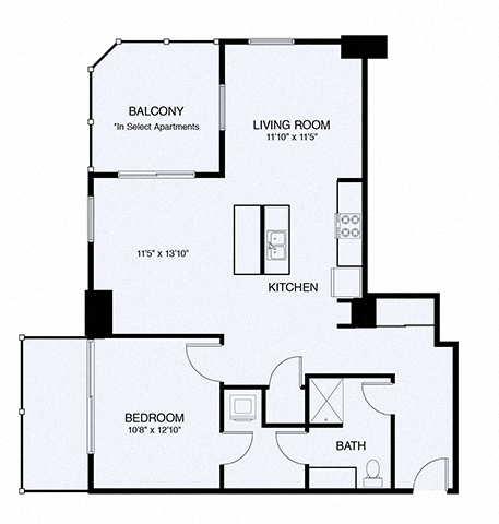 Floor plan for 1 bed, 1 bath, 898 sqft