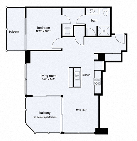 Floor plan for 1 bed, 1 bath, 947 sqft