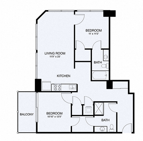 Floor plan for 1 bed, 1 bath, 593 sqft