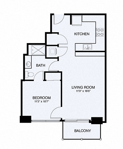 Floor plan for 1 bed, 1 bath, 678 sqft