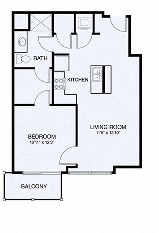 Floor plan for 1 bed, 1 bath, 725 sqft