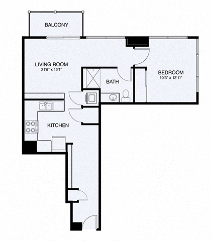 Floor plan for 1 bed, 1 bath, 754 sqft