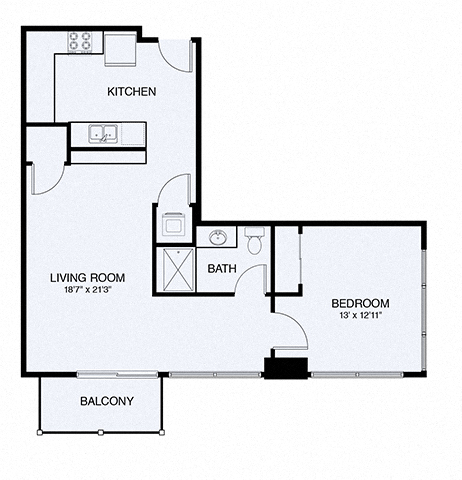 Floor plan for 1 bed, 1 bath, 770 sqft