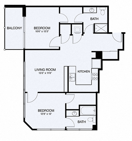 Floor plan for 2 beds, 2 baths, 1029 sqft
