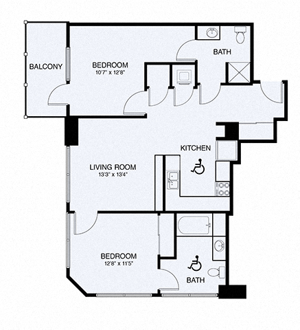 Floor plan for 2 beds, 2 baths, 1029 sqft
