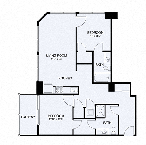 Floor plan for 2 beds, 2 baths, 1078 sqft