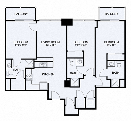 Floor plan for 3 beds, 3 baths, 1189 sqft