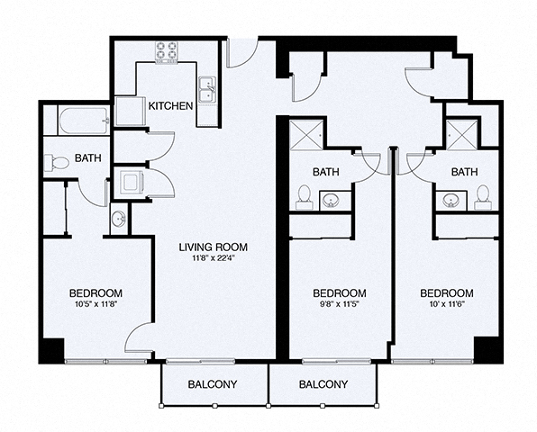 Floor plan for 3 beds, 3 baths, 1382 sqft