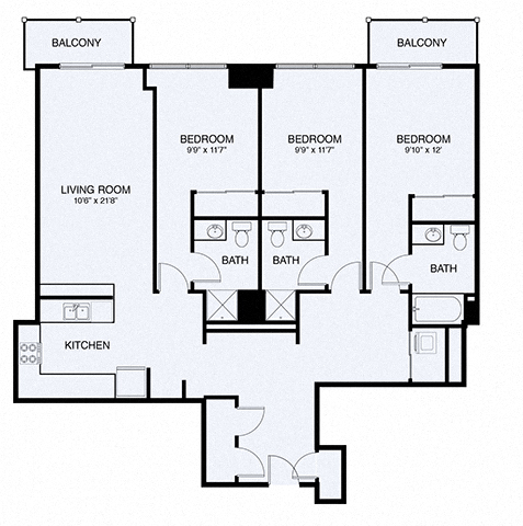 Floor plan for 3 beds, 3 baths, 1421 sqft