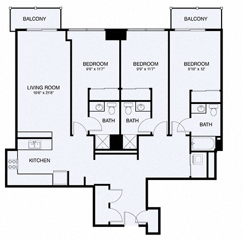 Floor plan for 3 beds, 3 baths, 1480 sqft