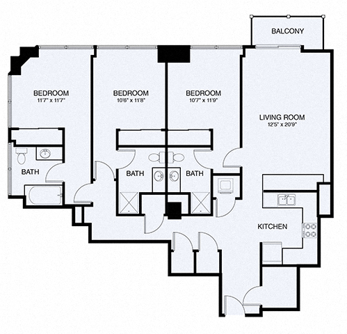 Floor plan for 3 beds, 3 baths, 1510 sqft