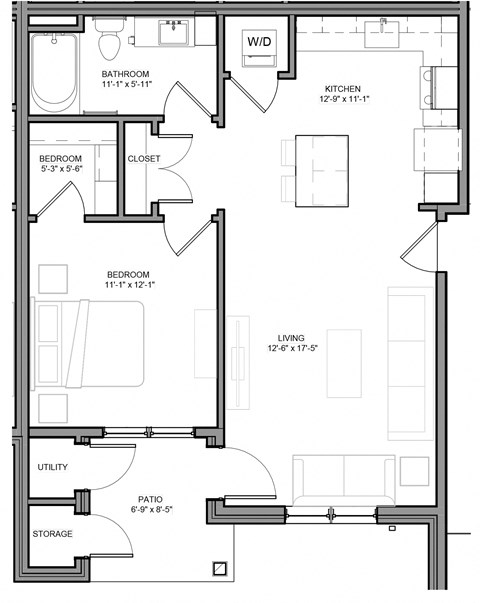 Floor plan for 1 bed, 1 bath, 702 sqft