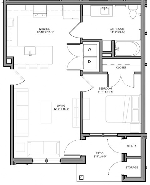 Floor plan for 1 bed, 1 bath, 702 sqft