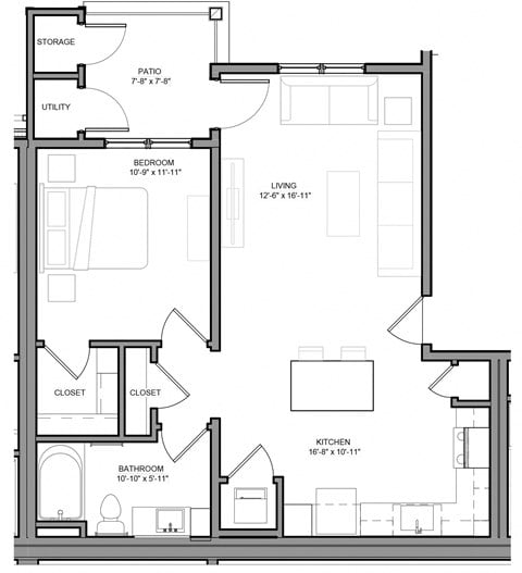 Floor plan for 1 bed, 1 bath, 736 sqft