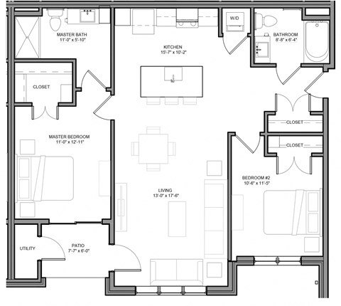 Floor plan for 2 beds, 2 baths, 1064 sqft