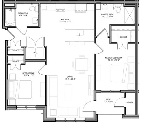 Floor plan for 2 beds, 2 baths, 1064 sqft