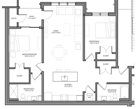 Floor plan for 2 beds, 2 baths, 1107 sqft