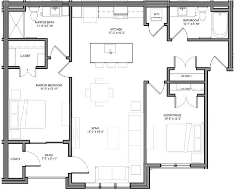 Floor plan for 2 beds, 2 baths, 1107 sqft