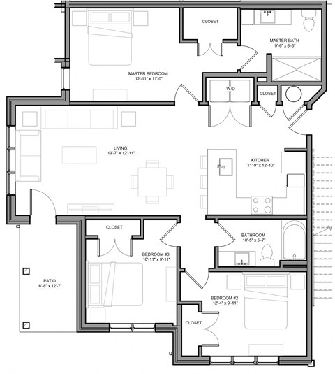 Floor plan for 3 beds, 2 baths, 1240 sqft