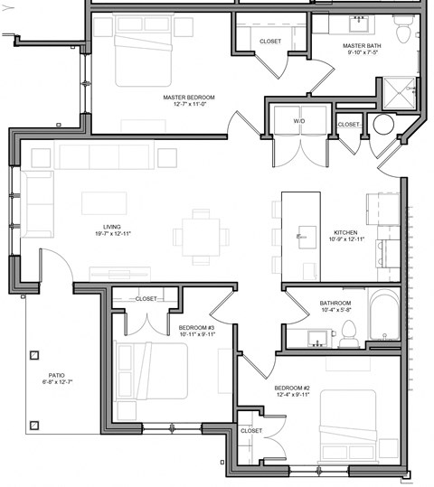 Floor plan for 3 beds, 2 baths, 1240 sqft