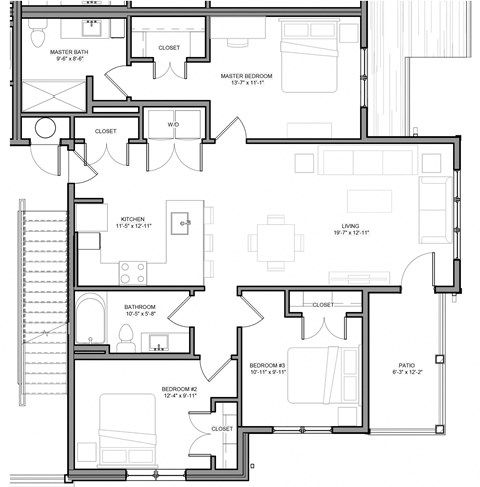 Floor plan for 3 beds, 2 baths, 1254 sqft