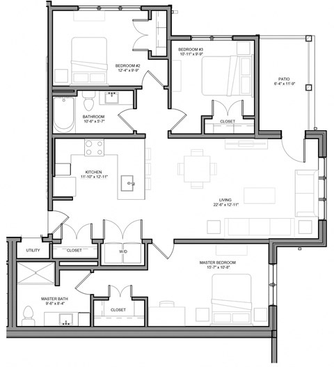 Floor plan for 3 beds, 2 baths, 1274 sqft