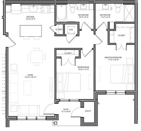 Floor plan for 2 beds, 2 baths, 1042 sqft