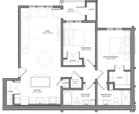Floor plan for 2 beds, 2 baths, 1075 sqft