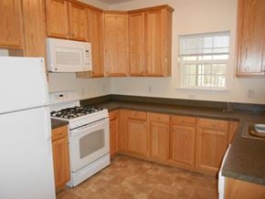 Middletown apartment for rent - a kitchen with white appliances and wooden cabinets