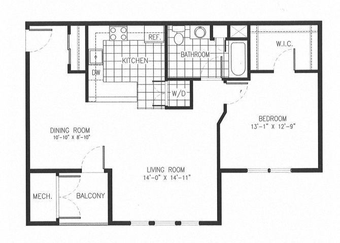 Floor plan for 1 bed, 1 bath, 828 sqft
