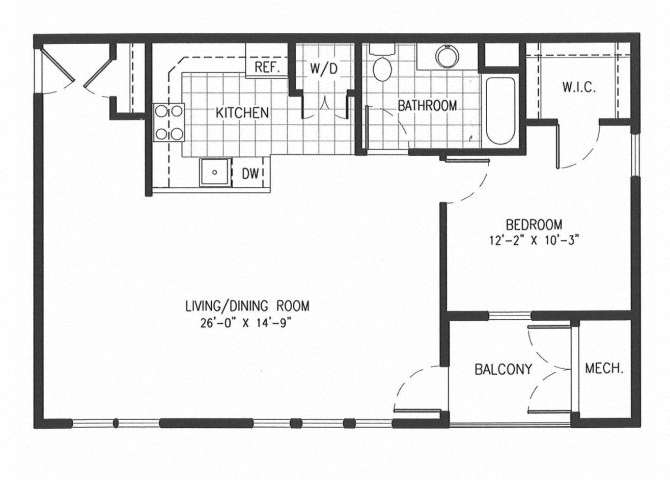Floor plan for 1 bed, 1 bath, 859 sqft