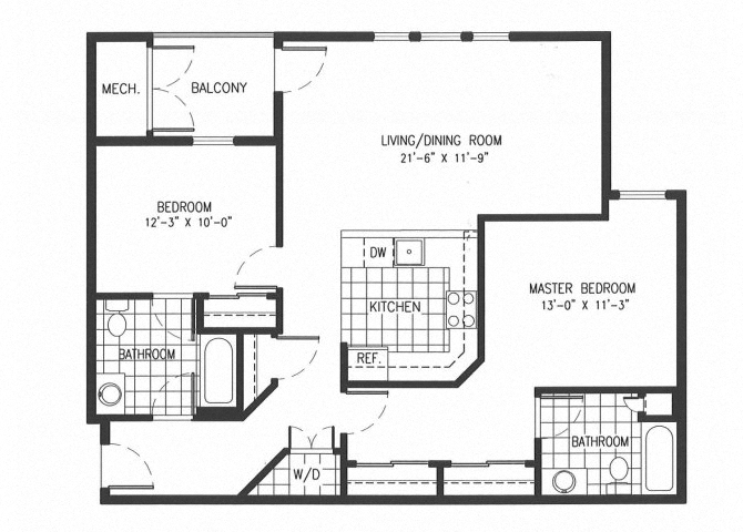 Floor plan for 2 beds, 2 baths, 1050 sqft