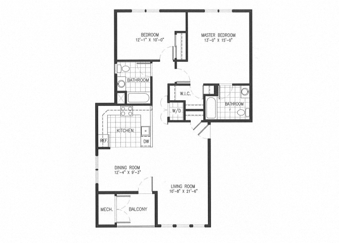 Floor plan for 2 beds, 2 baths, 1056 sqft