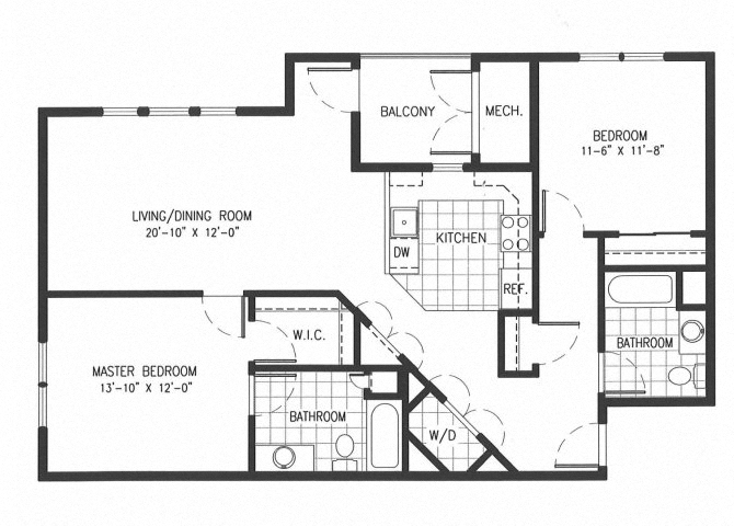 Floor plan for 2 beds, 2 baths, 1100 sqft