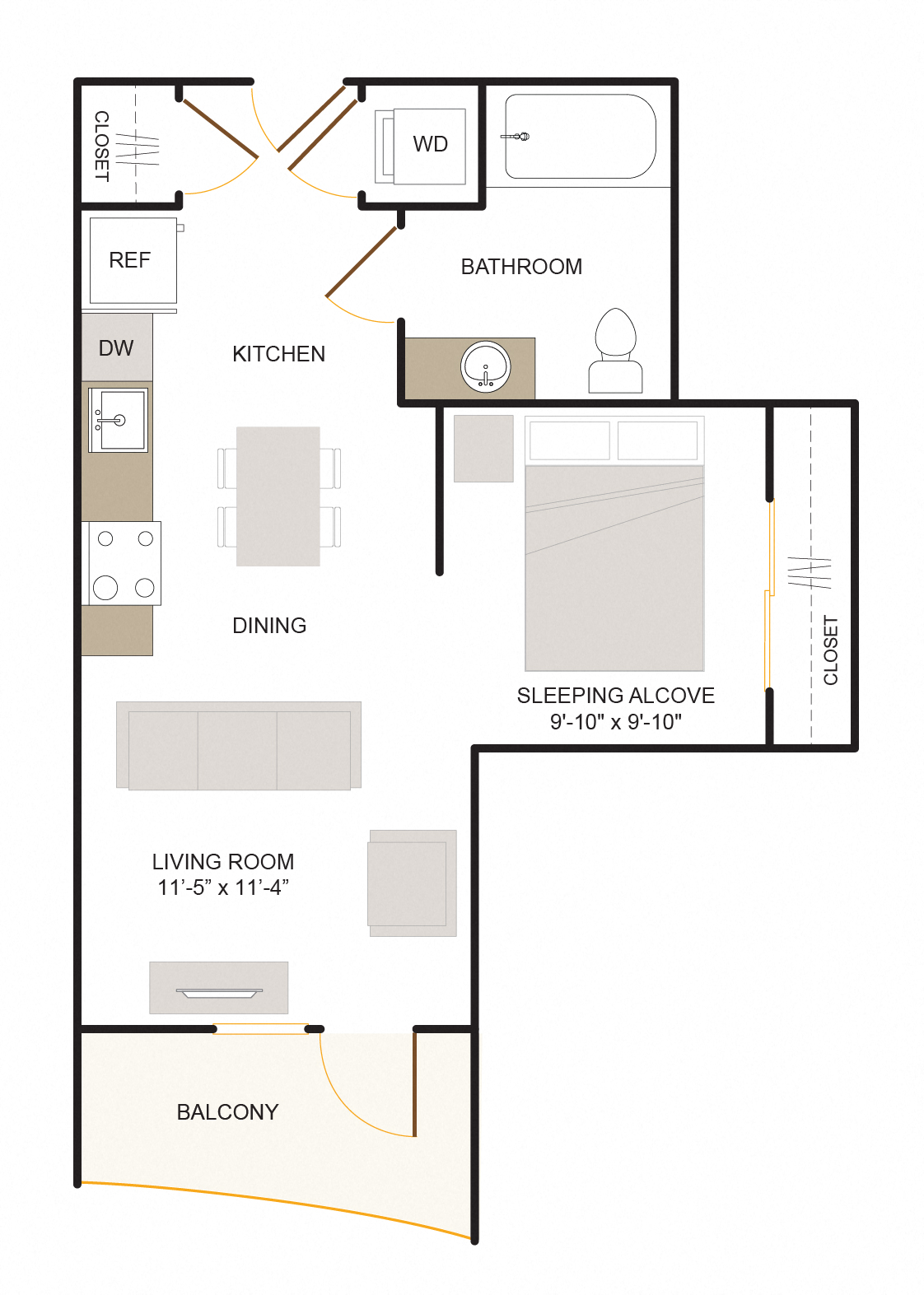 Floor plan for studio, 1 bath, 560 sqft