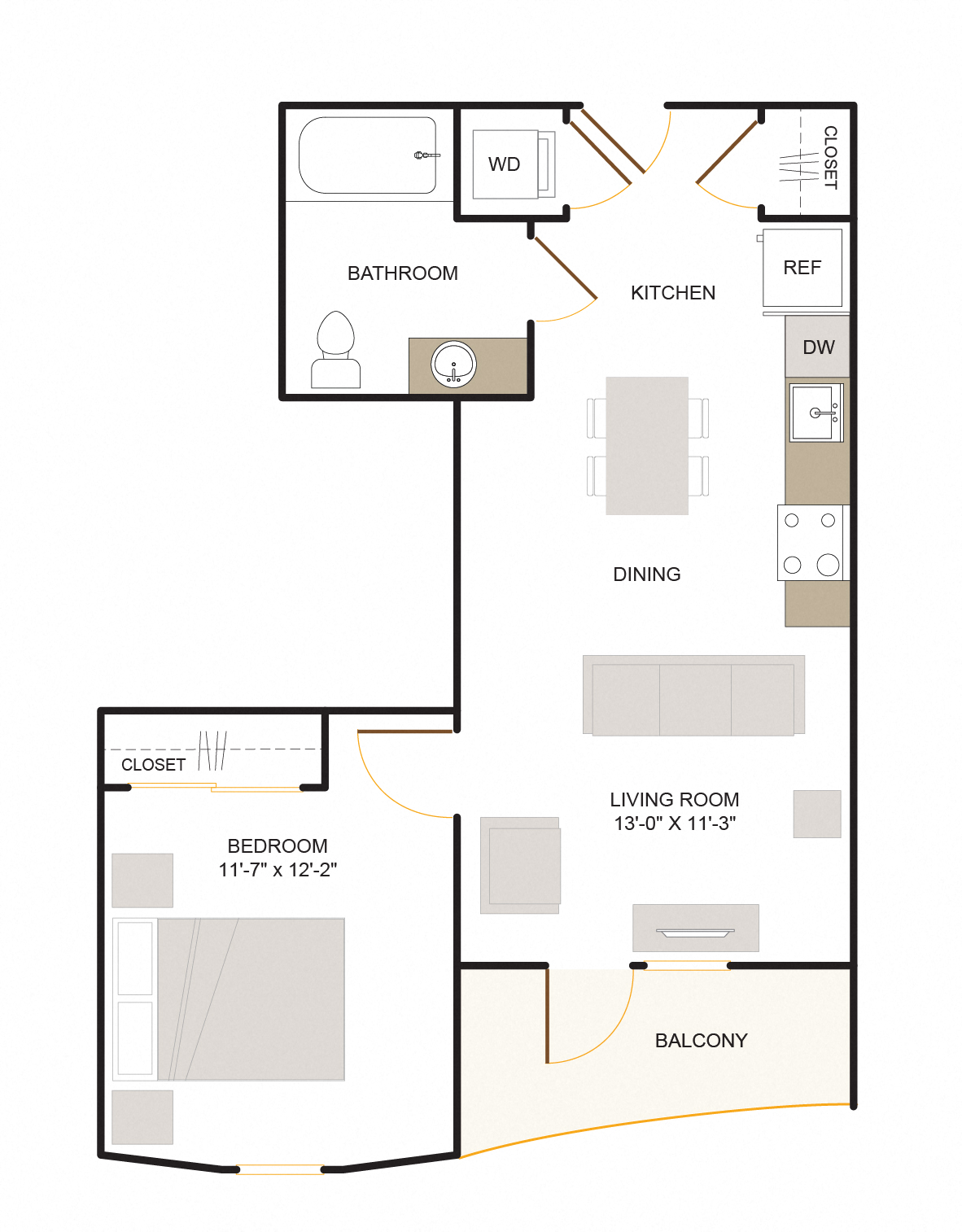 Floor plan for 1 bed, 1 bath, 665 sqft