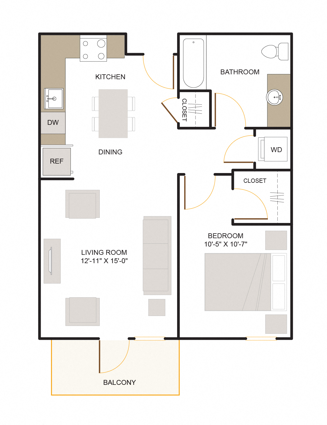 Floor plan for 1 bed, 1 bath, 726 sqft