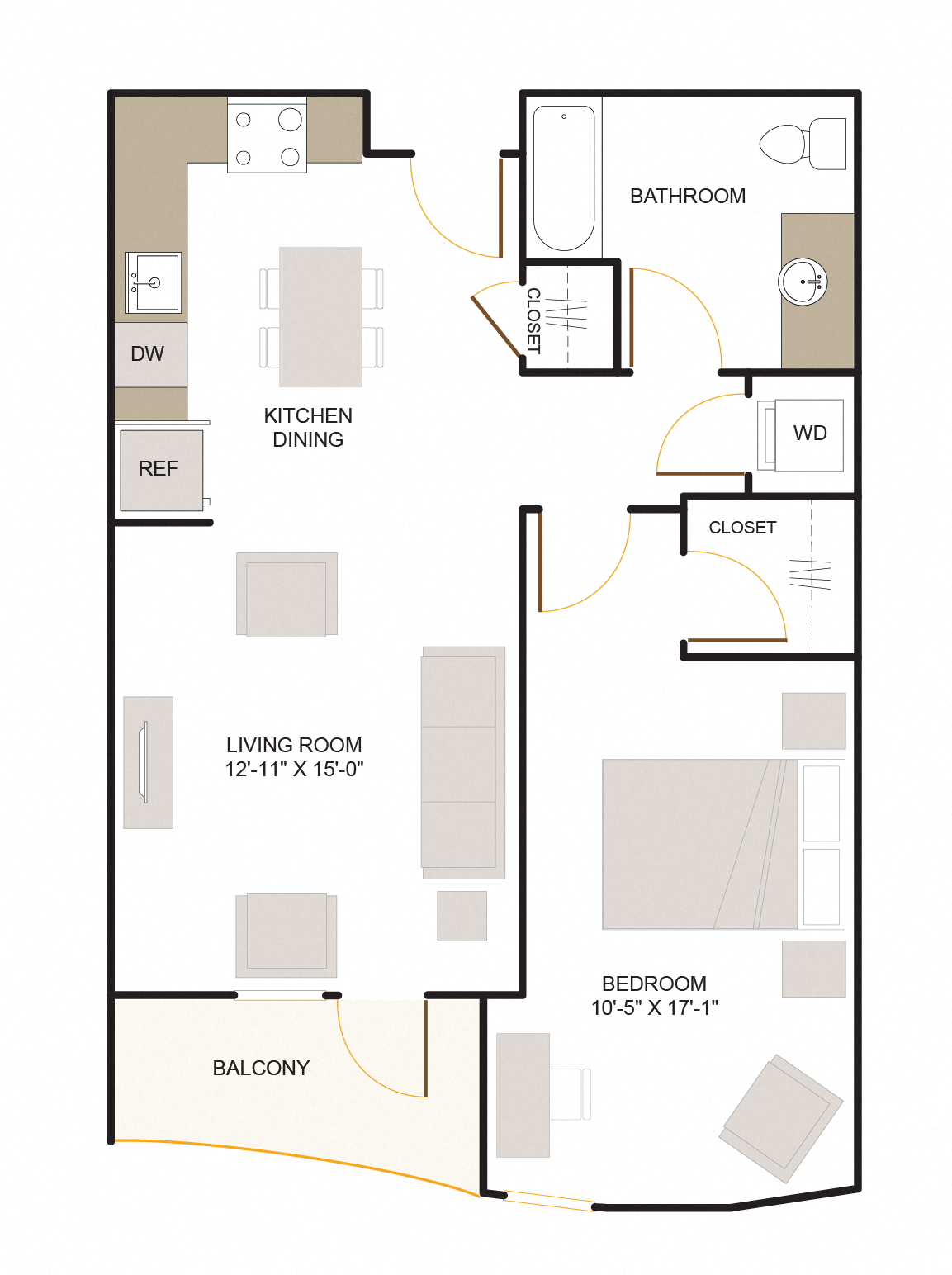 Floor plan for 1 bed, 1 bath, 810 sqft