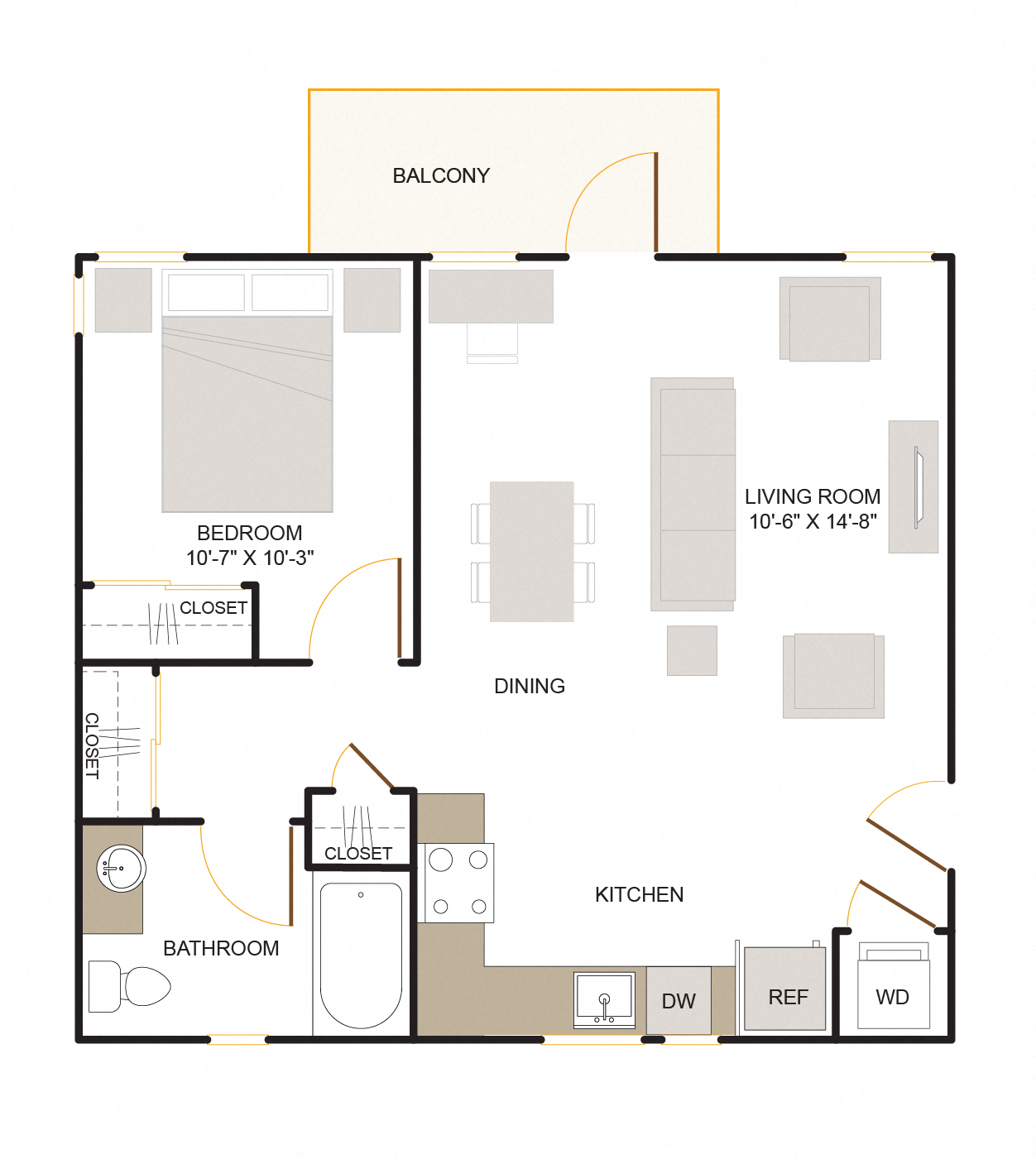Floor plan for 1 bed, 1 bath, 754 sqft