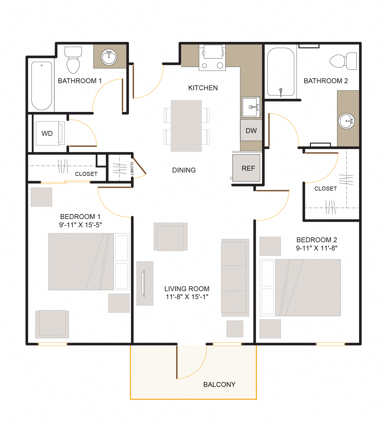 Floor plan for 2 beds, 2 baths, 980 sqft