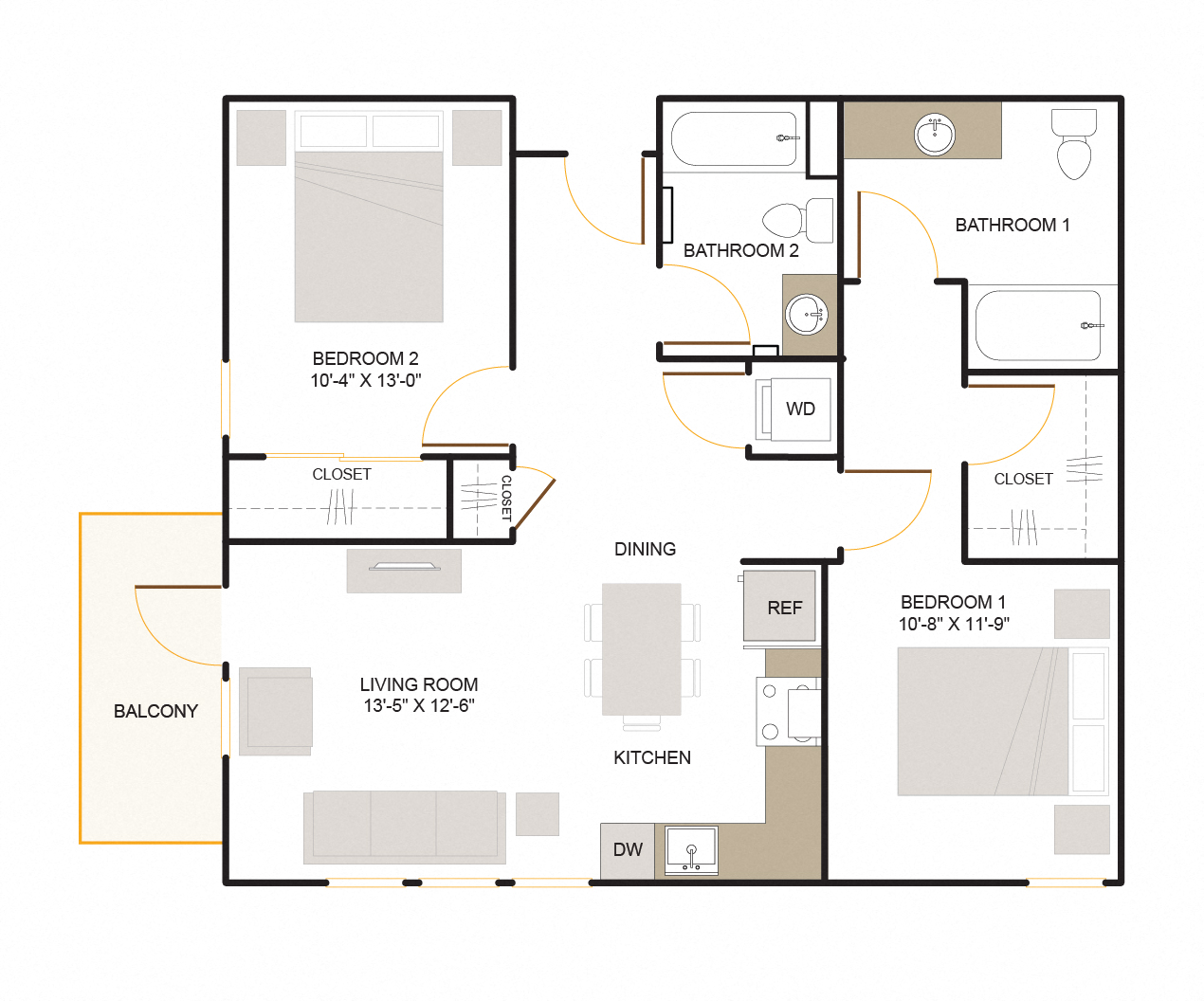 Floor plan for 2 beds, 2 baths, 1010 sqft