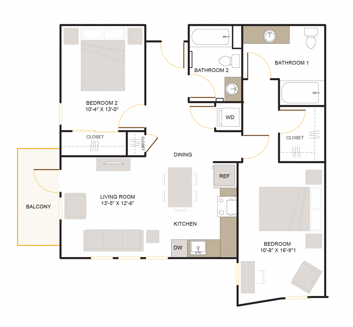 Floor plan for 2 beds, 2 baths, 1072 sqft