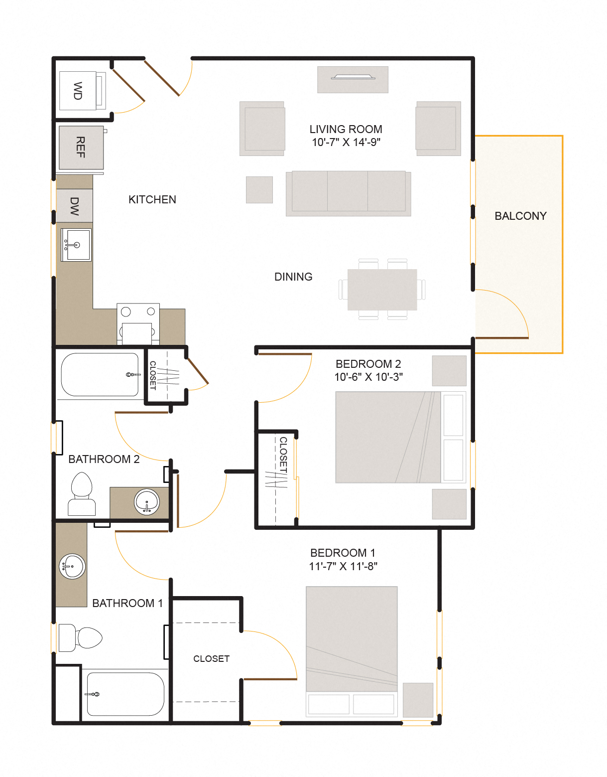 Floor plan for 2 beds, 2 baths, 1042 sqft
