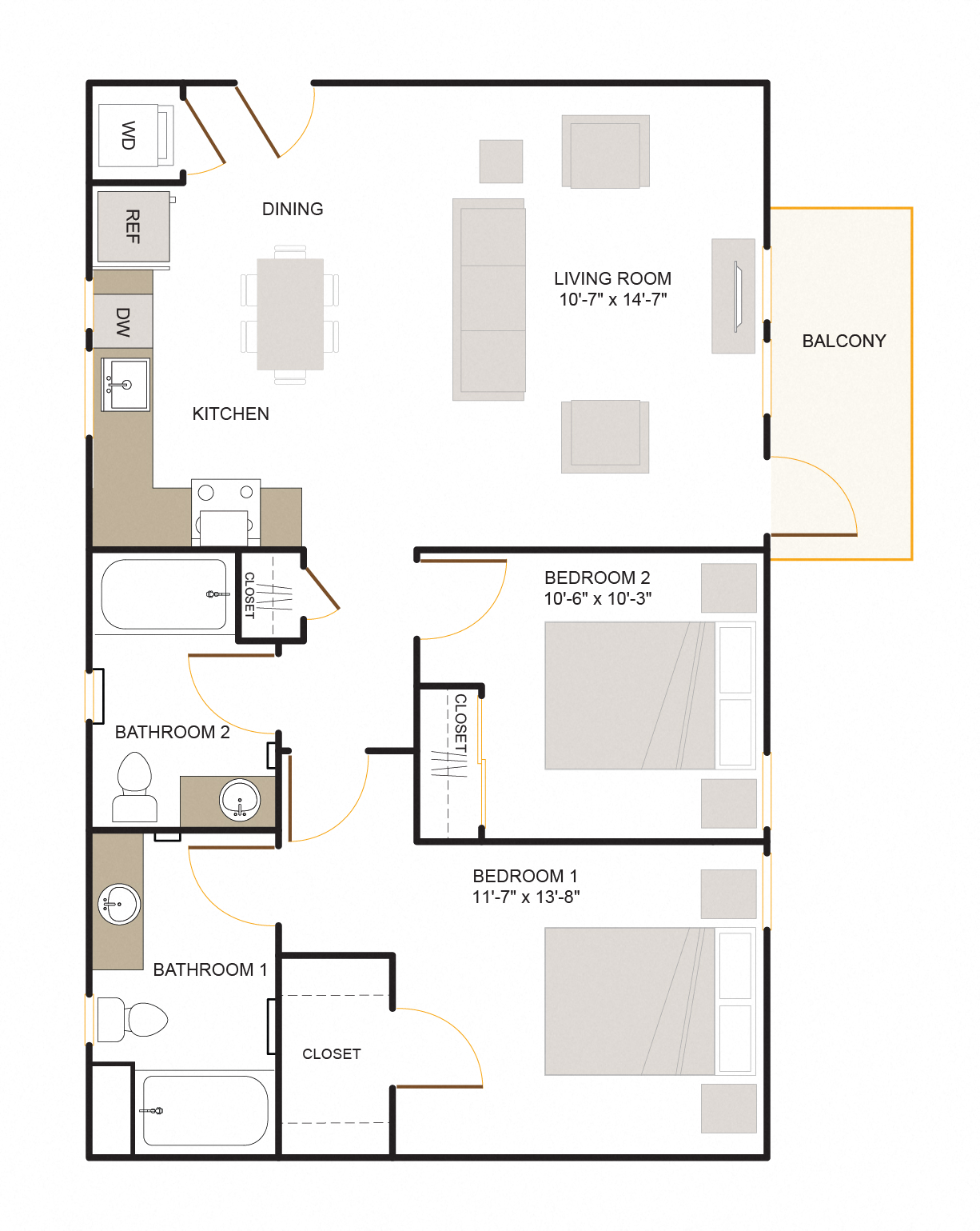 Floor plan for 2 beds, 2 baths, 1066 sqft