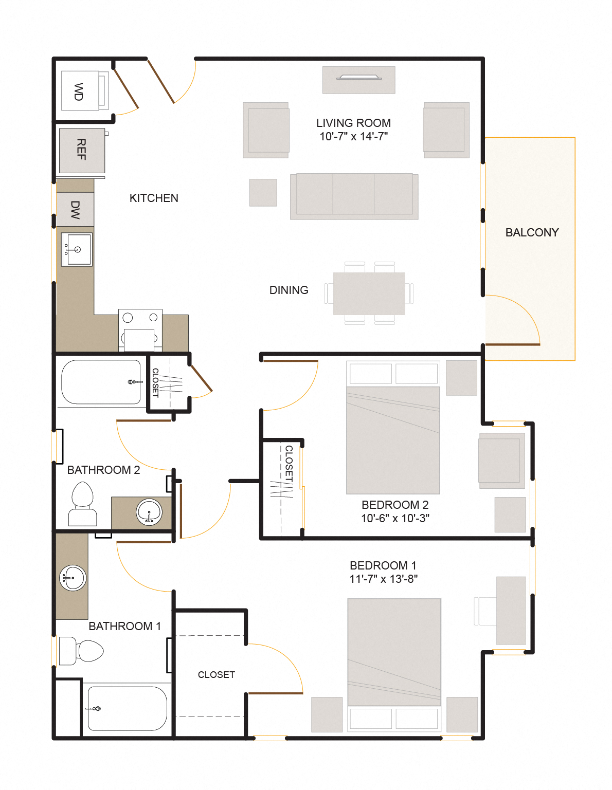 Floor plan for 2 beds, 2 baths, 1108 sqft