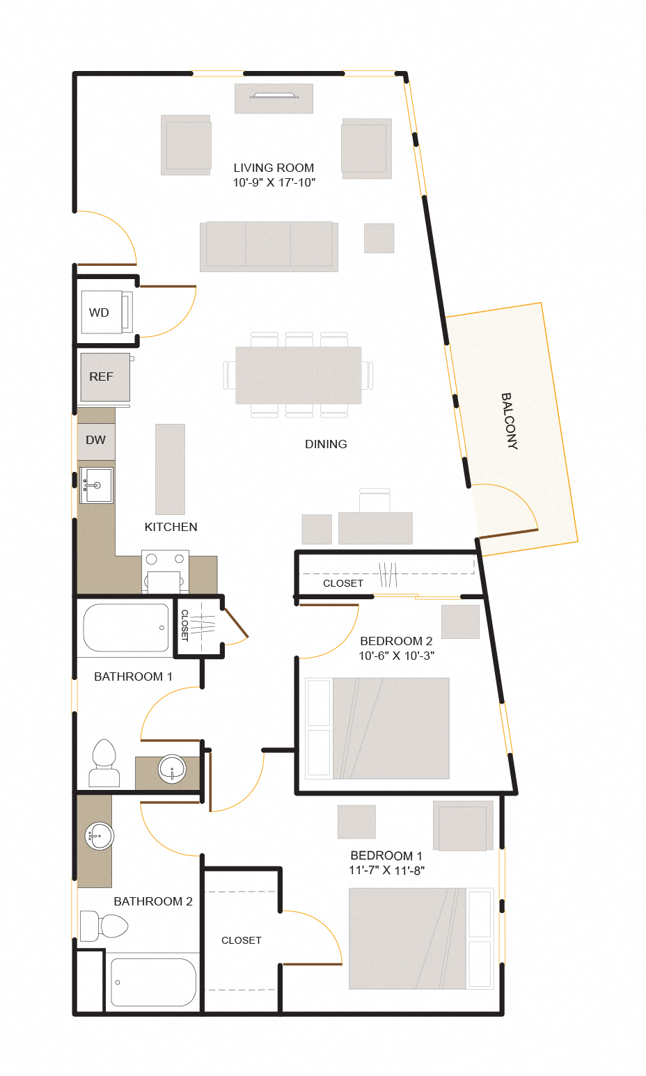 Floor plan for 2 beds, 2 baths, 1162 sqft
