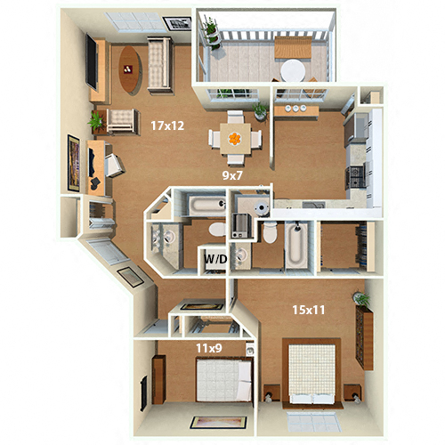 Floor plan for 2 beds, 2 baths, 965 sqft