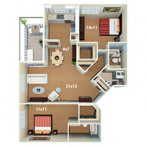 Floor plan for 2 beds, 2 baths, 1070 sqft