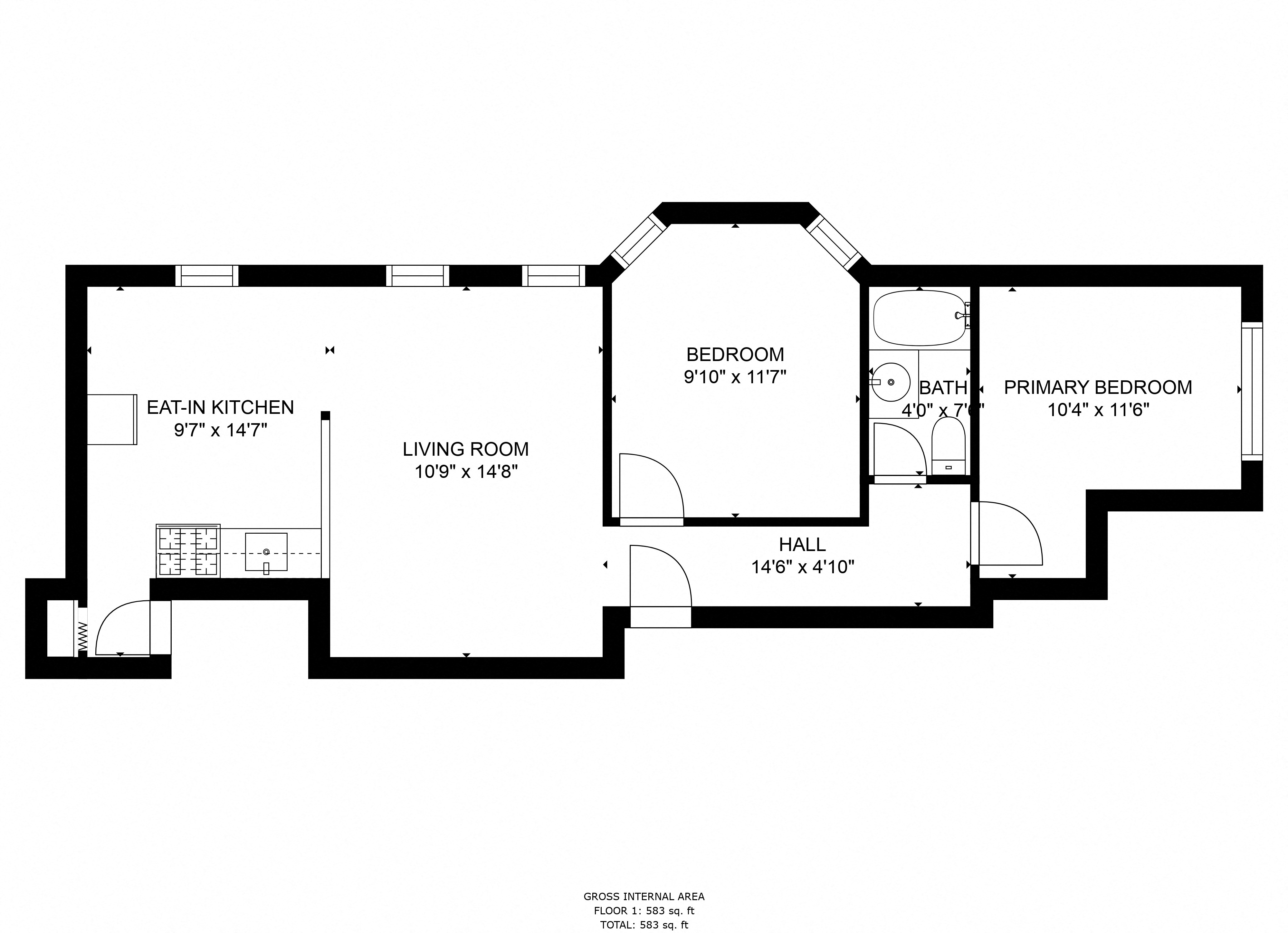 Floor plan for 2 beds, 1 bath, 750 sqft